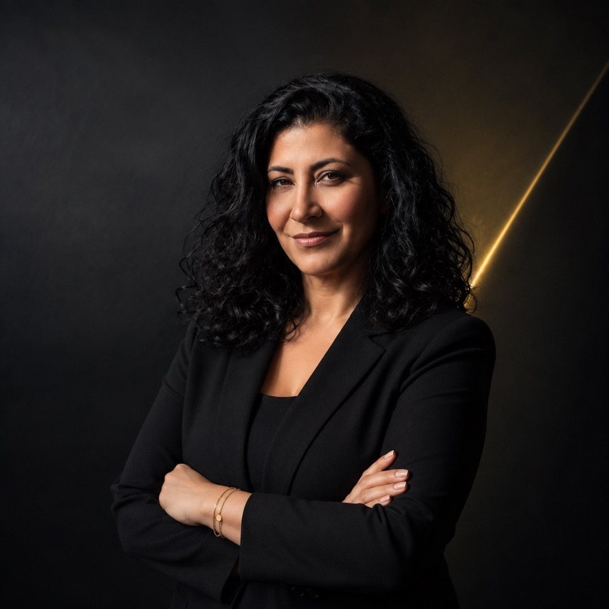 Nadine Kiwan im schwarzen Blazer mit verschränkten Armen vor dunklem Hintergrund mit goldenem Lichtstrahl