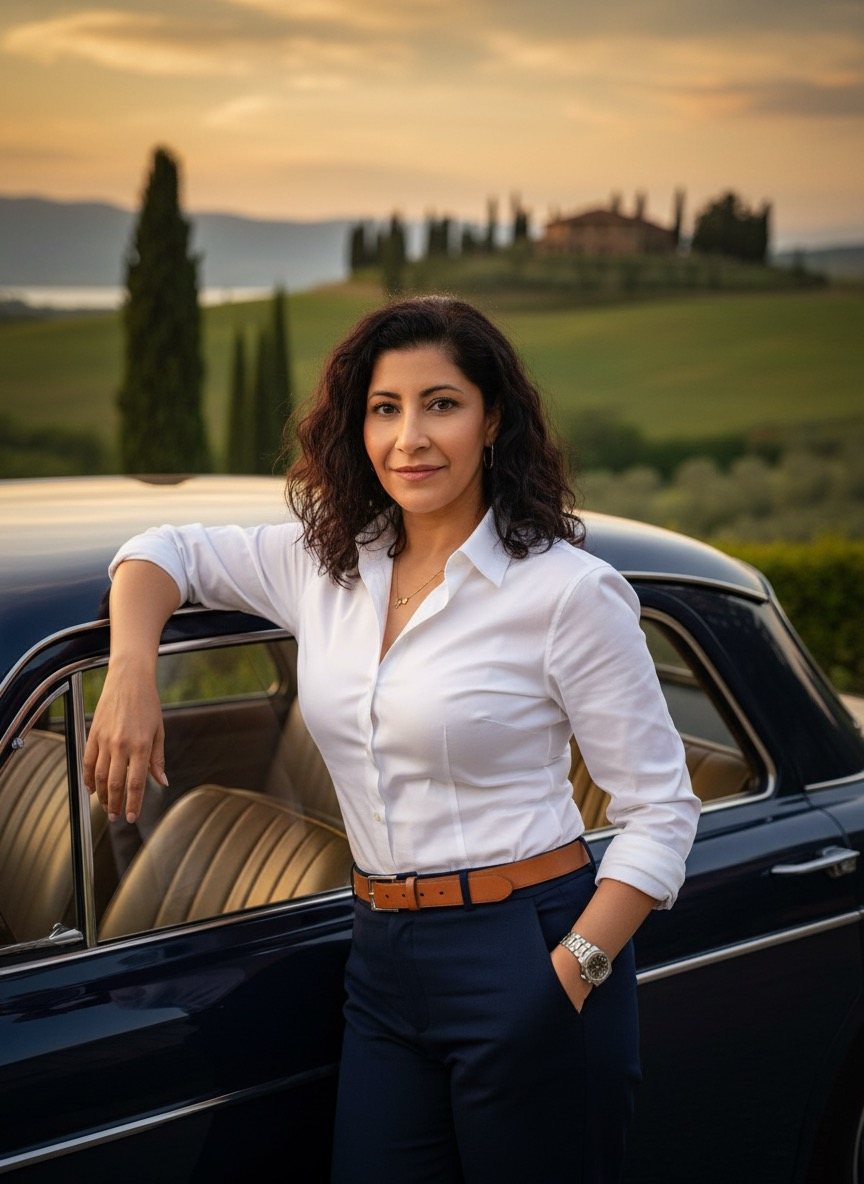 Nadine Kiwan in weißer Bluse an einem Oldtimer vor toskanischer Landschaft im Abendlicht