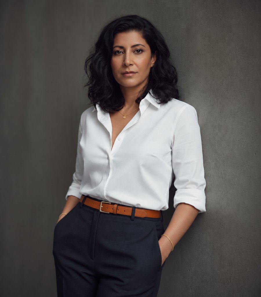 Nadine Kiwan in weißer Bluse mit braunem Ledergürtel, an eine Betonwand gelehnt, mit direktem Blick