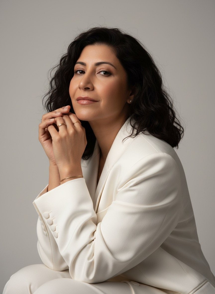 Nadine Kiwan im cremeweißen Anzug, die Hände unter dem Kinn gefaltet, mit ruhigem, warmem Blick